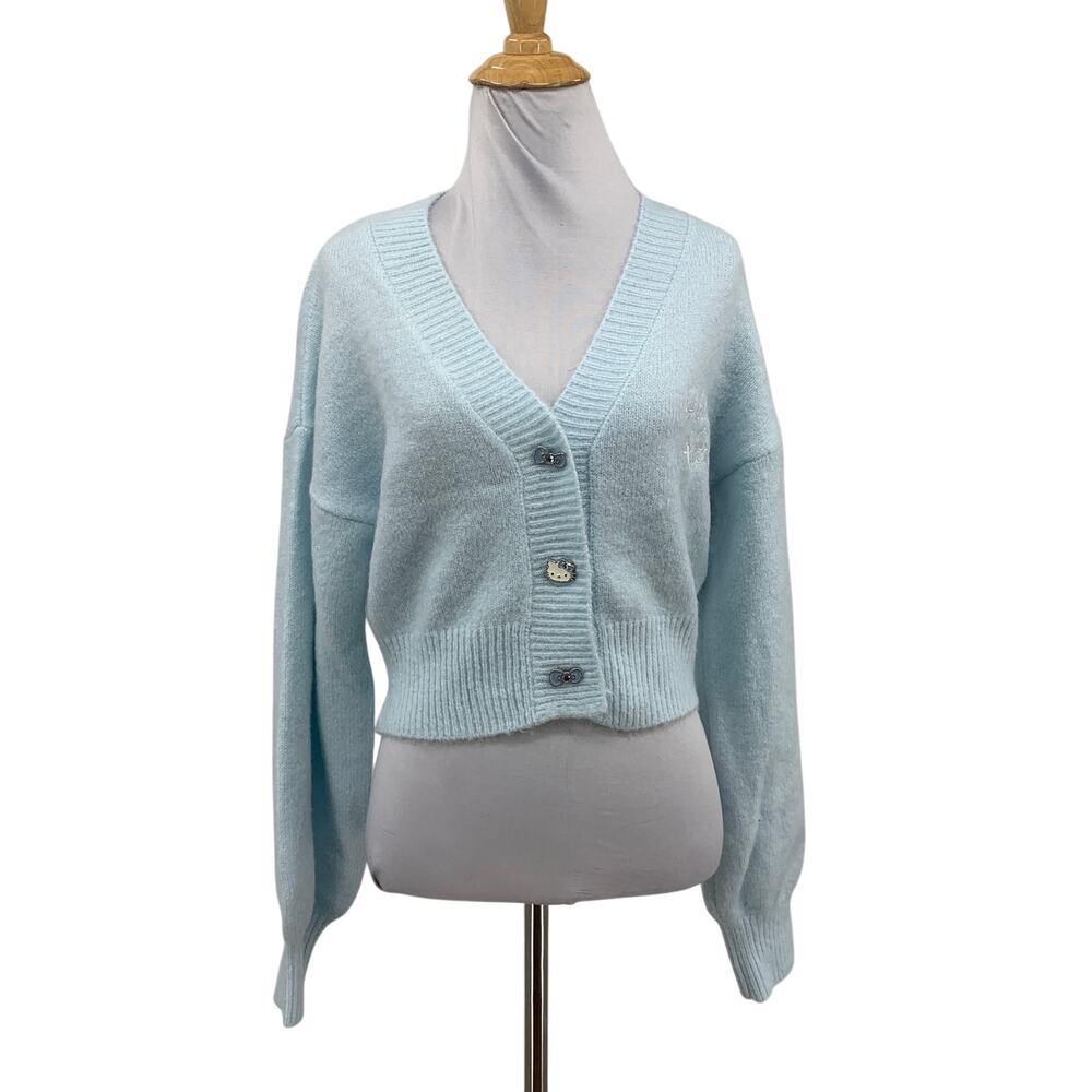 Hello Kitty Forever 21 Cardigan Women XS Sky Blue Sanrio Buttons Cropped Sweater